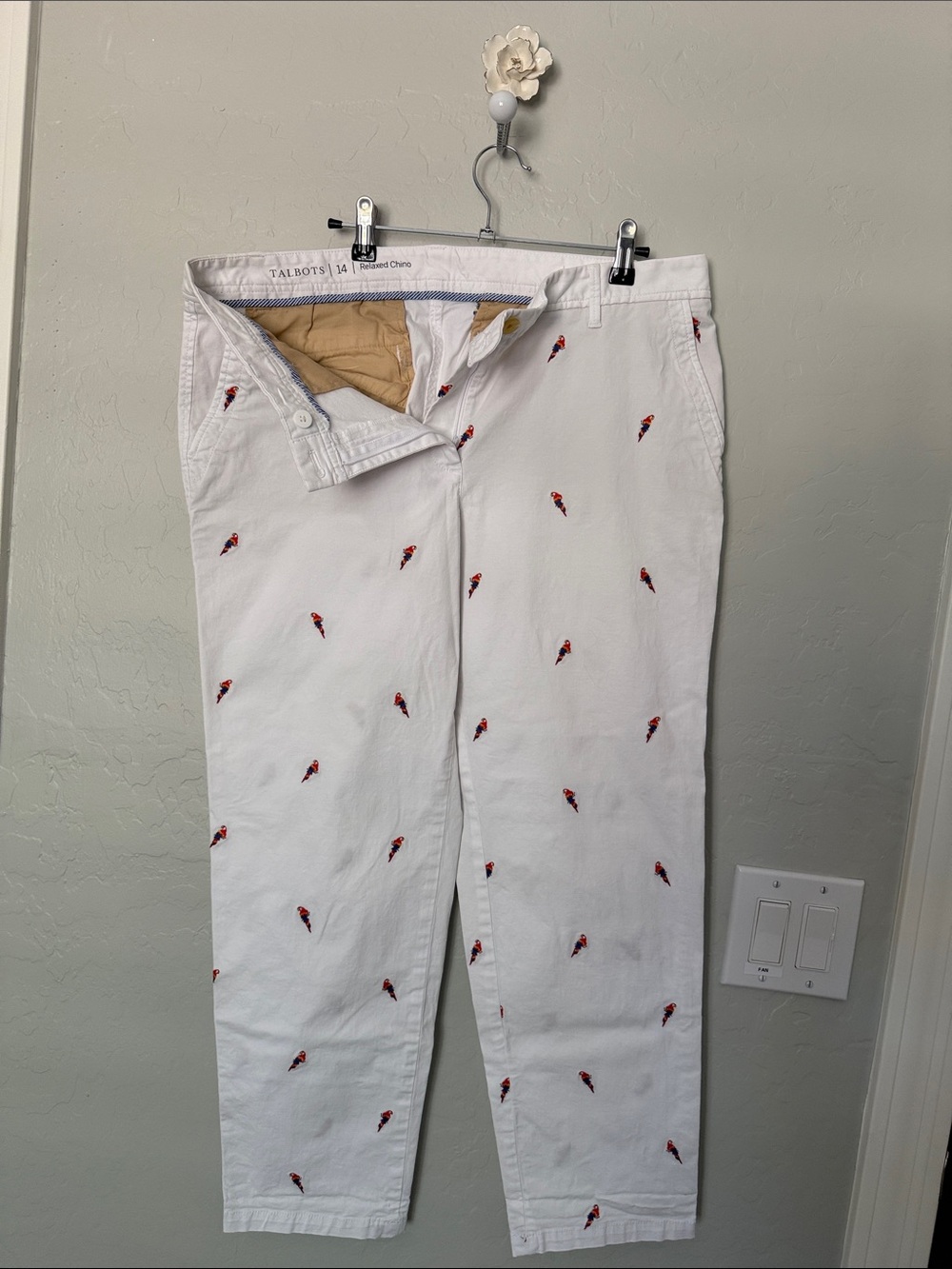 Talbots White Chinos with Red Parrot Embroidery